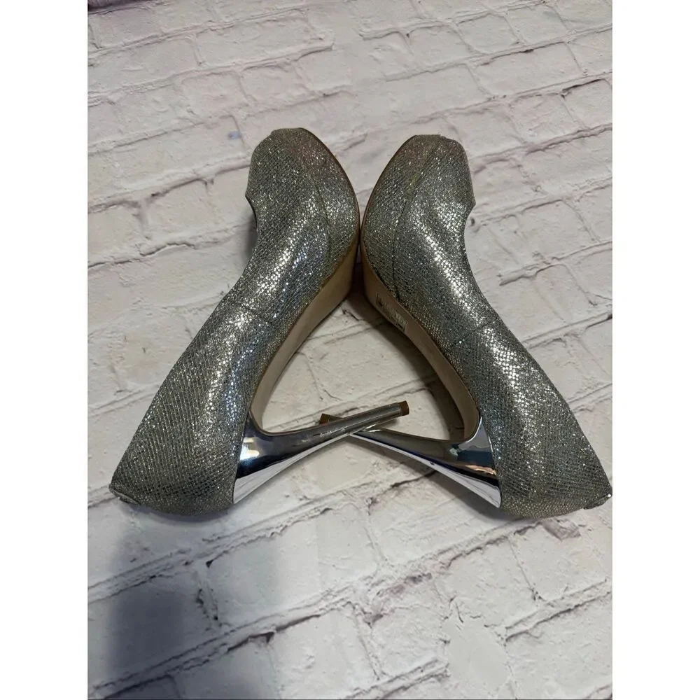 Michael Kors Size 8.5 York Platform Peep Toe Heels Silver Glitter Metallic Glam